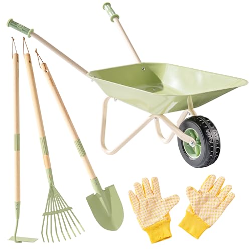 ROBUD Kids Wheelbarrow Gardening Set, 6 PCS Garden Toys for Age 3+, Green