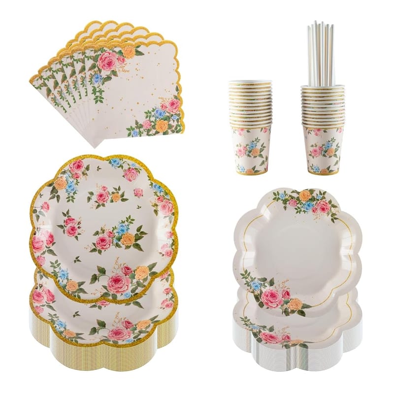 PHUNAT Vintage Floral Party Tableware Set for 25 Guests, Includes Paper Plates (7 & 9 inch), Cups, Napkins, Straws, Perfect for Afternoon Tea Party, Birthday, Wedding