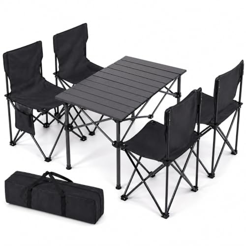 HomlyPro Folding Camping Table and Chairs, Set of 4 - Lightweight and Durable, Garden Table and Chairs with Carry Bag for Indoor & Outdoor Use, Ideal for Picnic & Garden (Black)