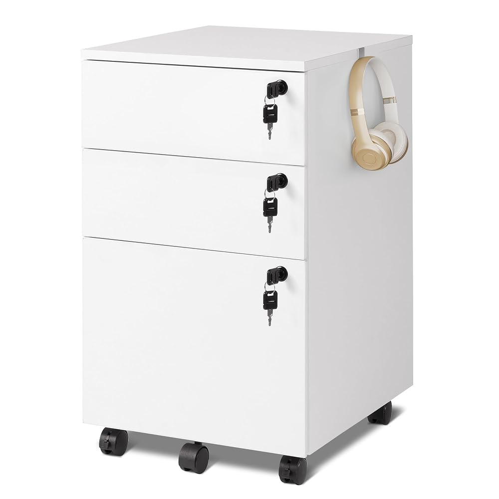 DEVAISE Lockable Filing Cabinet with 3 Drawers, Wooden Filing Cabinet for Home Office, Office Drawers for Letter/Legal/A4, Office Storage Cabinets with Individual Locks, Bright White