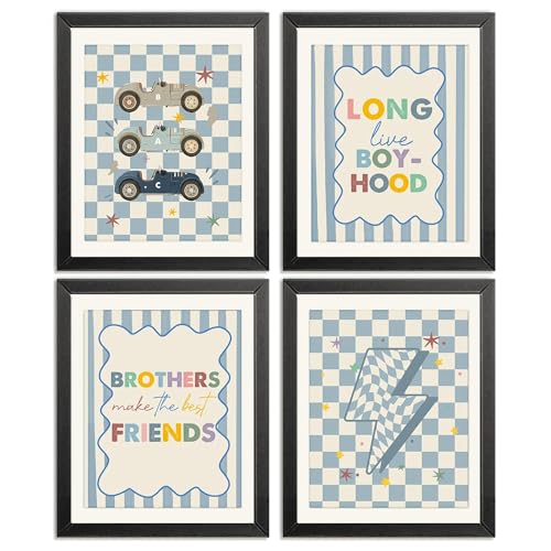AEHIE Blue Boy Nursery Wall Art Poster Prints for Kids Boys Room Bedroom Decor, Vintage Car Long Live Boyhood Brothers Make the Best Friends Decorations Prints Wall Art Unframed 4pcs 8x10inches