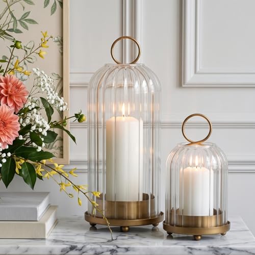 Ganwu 5" & 4" Metal Candle Holder with Ribbed Glass Candle Lanterns Set of 2, Vintage Windproof Hurricane Pillar Candle Holder, Decorative Table Centerpiece Patio Decor, Brass