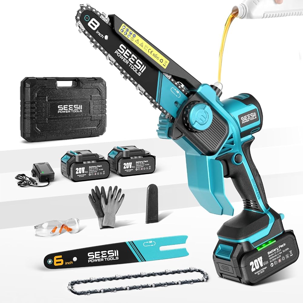 SEESII Mini Chainsaw Cordless 8 Inch & 6 Inch, Brushless Electric Chain Saw with 2 Batteries