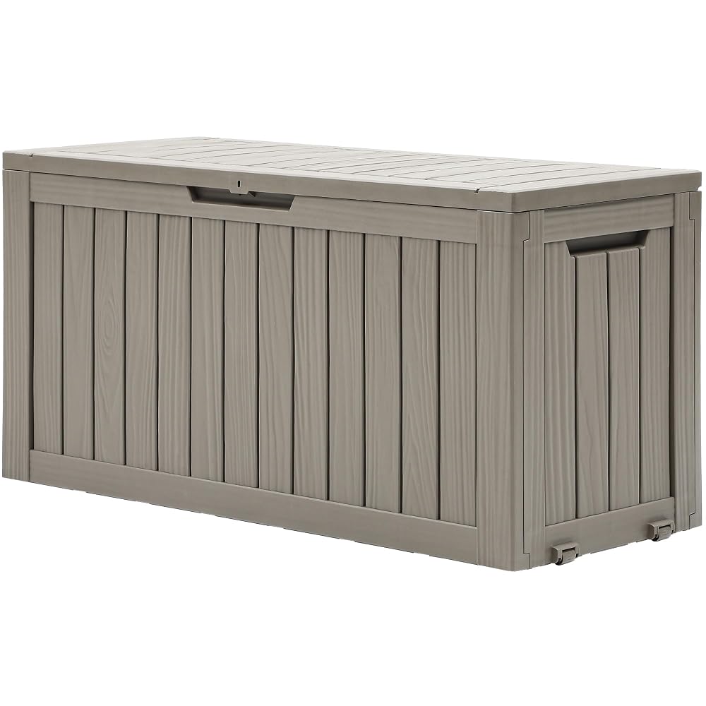 DWVO 270L Outdoor Resin Deck Box with Wheels, Waterproof Garden Storage Box for Patio Cushions, Sports Gear & Garden Tools, Lockable, Light Brown