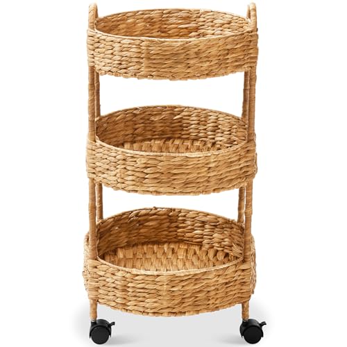 Best Choice Products 3-Tier Round Rolling Nursery Caddy w/Wheels, Handwoven Utility Cart, Storage Organization for Bathroom, Craft Room, Laundry Room - Natural