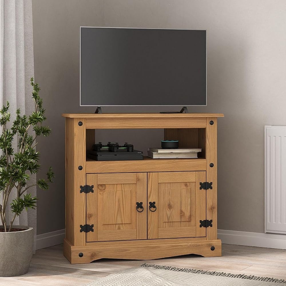Corona TV Stand Corner Cabinet Media Unit, Mexican Solid Pine Wood
