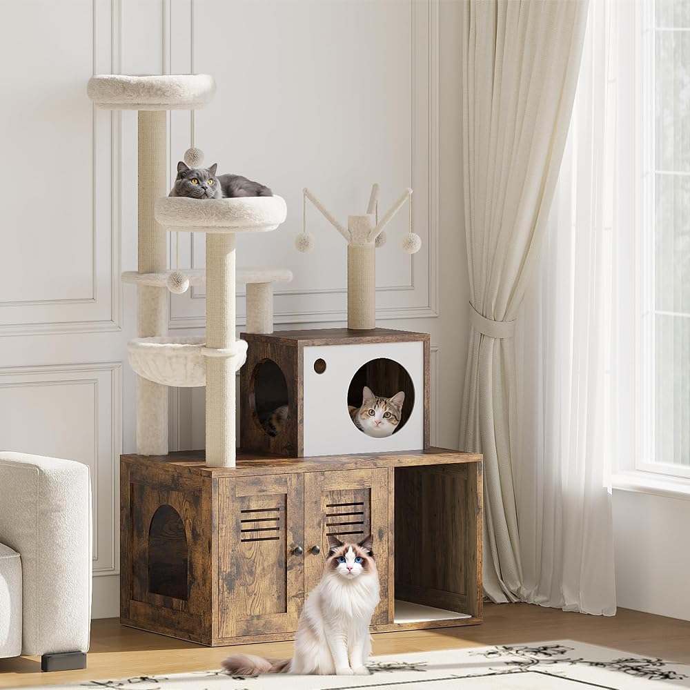 AffinityFurn Modern Cat Tree Tower, Multi-Level Condo with Hidden Litter Box Enclosure, Scratching Posts and Hammock