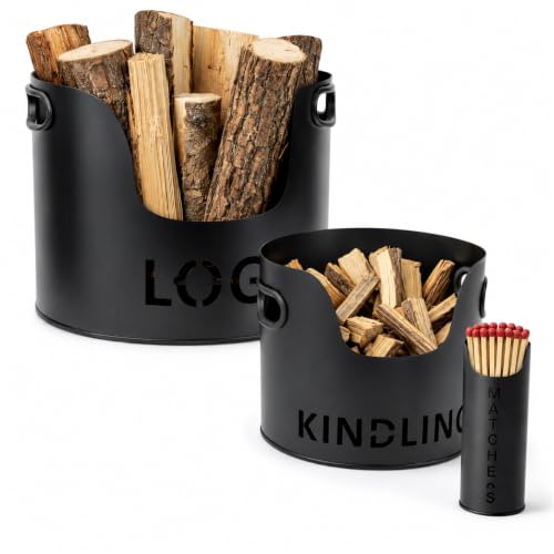 Almineez 3PC Firewood Storage Bucket Set - Black Metal Log Holder, Kindling Bucket & Matchstick Holder | Indoor Fireplace Accessories For Wood Burner, Hearth Fireside Storage Organizer