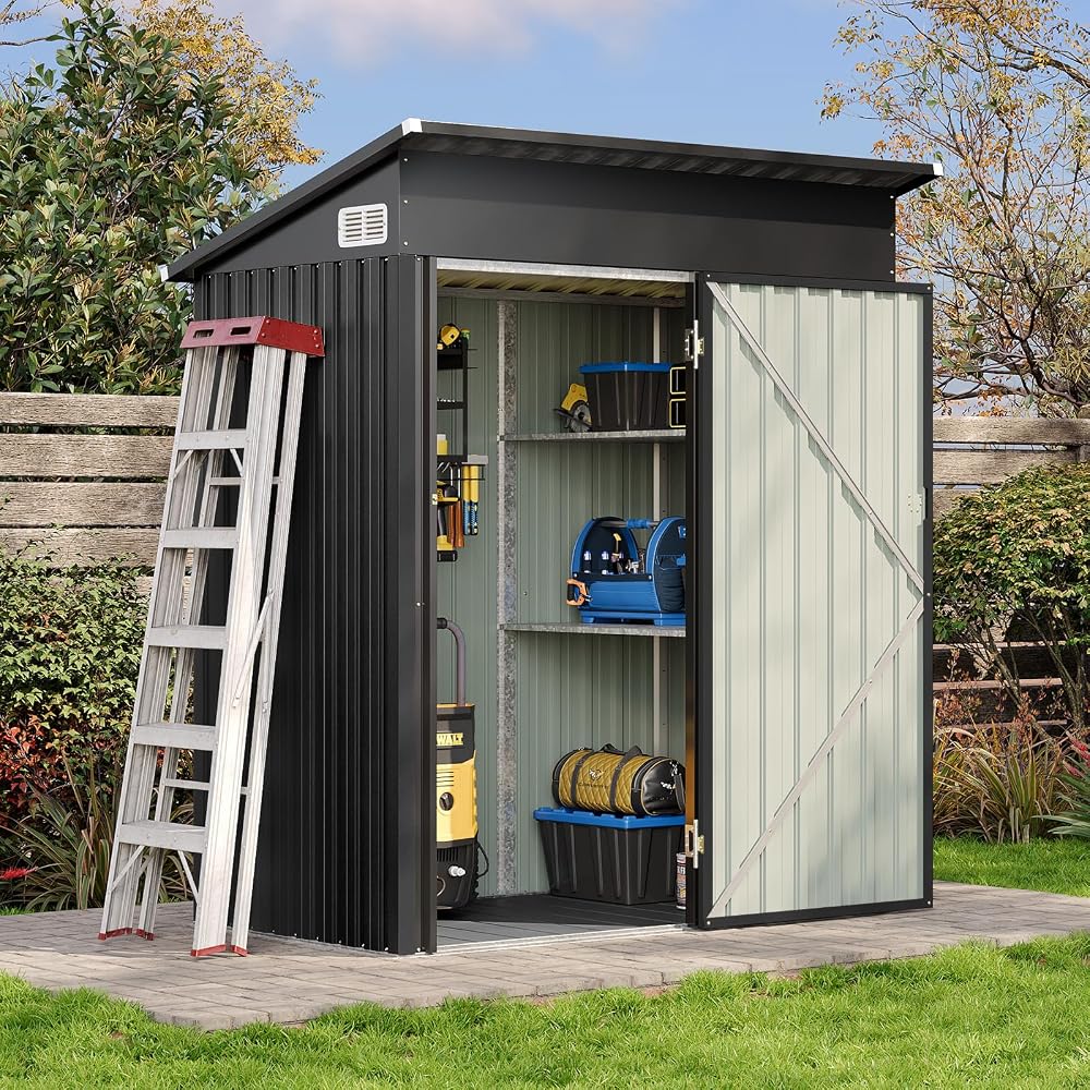 Aoxun Outdoor Storage Shed with Floor & 2 Adjustable Shelves, 5x3FT Galvanized Metal