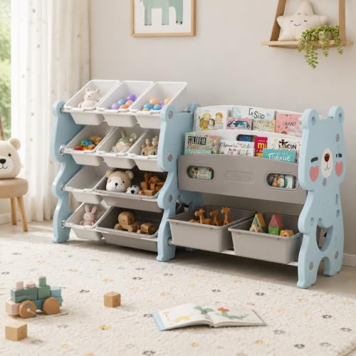 GOODS EMPORIUM Childrens Toy Storage Unit - Kids Storage Boxes for Living Room, Bedroom, Playroom, Daycare, and School. Toys Storage Organiser (Light Blue - X Large - Bear)